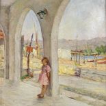 Gallea, oil on board, girl in Mediterranean harbour, signed and dated 1956, 23" x 19", framed Very
