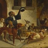 19th century oil on canvas, hounds with monkey hunt master, unsigned, 18" x 24", original frame Good