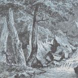 19th century German School, pen and ink on blue paper, waterfall, unsigned, sheet size 7.5" x 6",