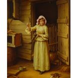 Rene Devillario (1874 - 1942), oil on wood panel, woman and kitten beside a barn door, signed, 15.5"