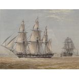 William Joy (1803 - 1857), watercolour, warships off the coast, 8.5" x 11", framed, Frost & Reed