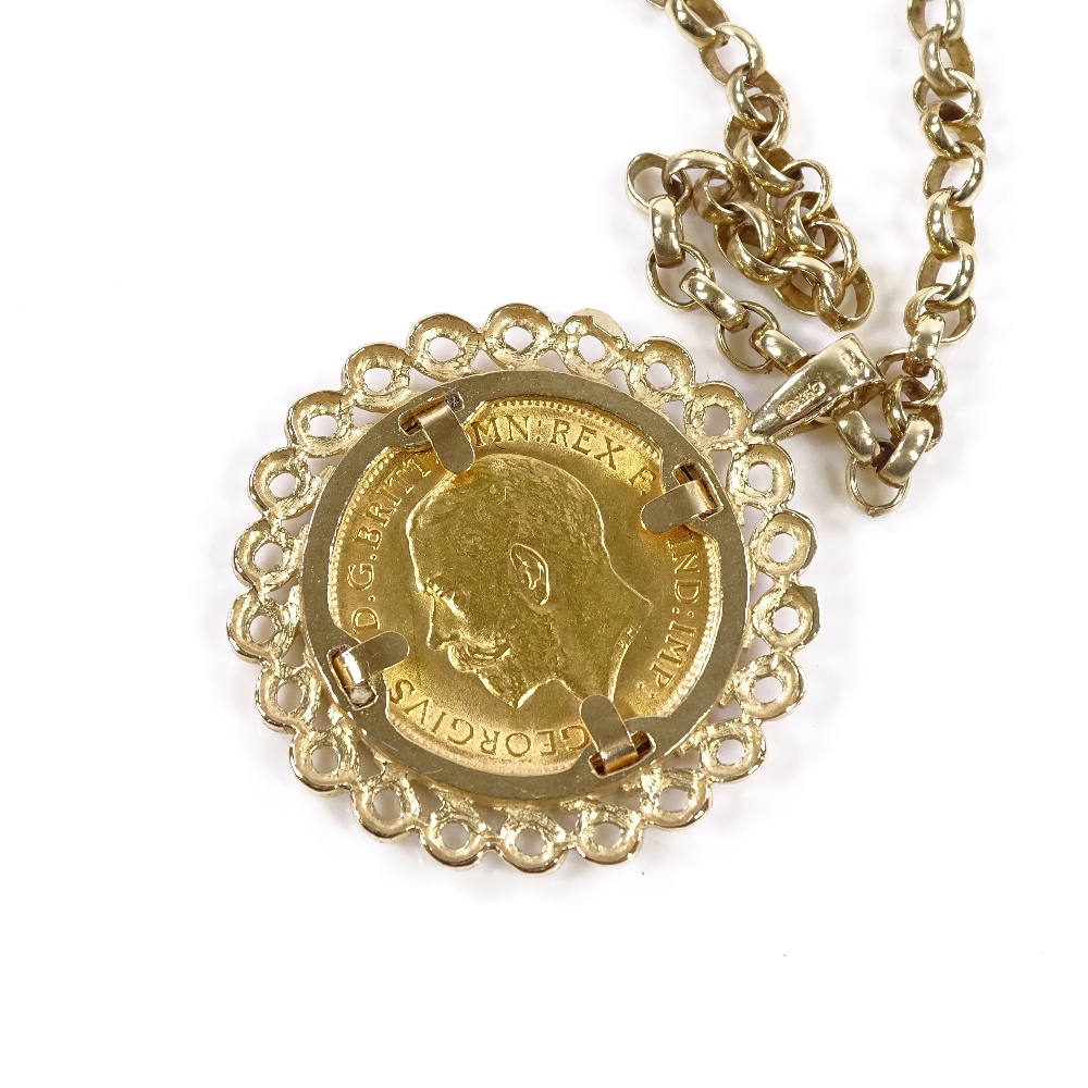 A 1914 gold half sovereign, gold pendant mount on 9ct gold chain, gross weight 17.1g - Image 3 of 3