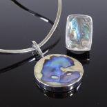 A Palle Bisgaard Danish sterling silver and abalone neck torque and ring set, torque internal