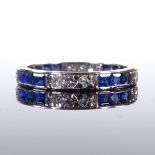 An unmarked platinum sapphire and diamond eternity ring, alternating trios of square-cut sapphires
