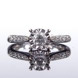 An unmarked gold solitaire diamond ring, illusion setting with diamond set shoulders, total