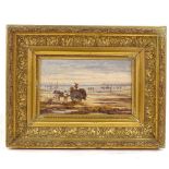 French School circa 1900, oil on wood panel, seaweed gatherers, unsigned, titled verso, 5.5" x 8.5",