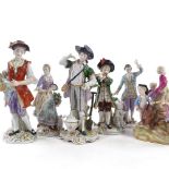 6 Continental porcelain figures, including a Meissen musician group, height 15cm, A/F, and 5 other