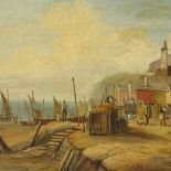 19th century English School, oil on canvas, fishing village, unsigned, 11" x 15", framed Old lining,