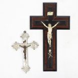 A 19th century walnut and ebony crucifix with carved ivory figure of Christ, length 37cm, and a 19th