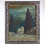 Willy Hamacher (1865-1909), oil on wood panel, Mediterranean coastal buildings, signed, 28" x 22",