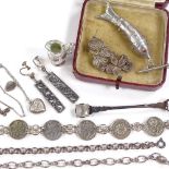 Various silver jewellery, including articulated fish brooch, coin bracelet etc Lot sold as seen