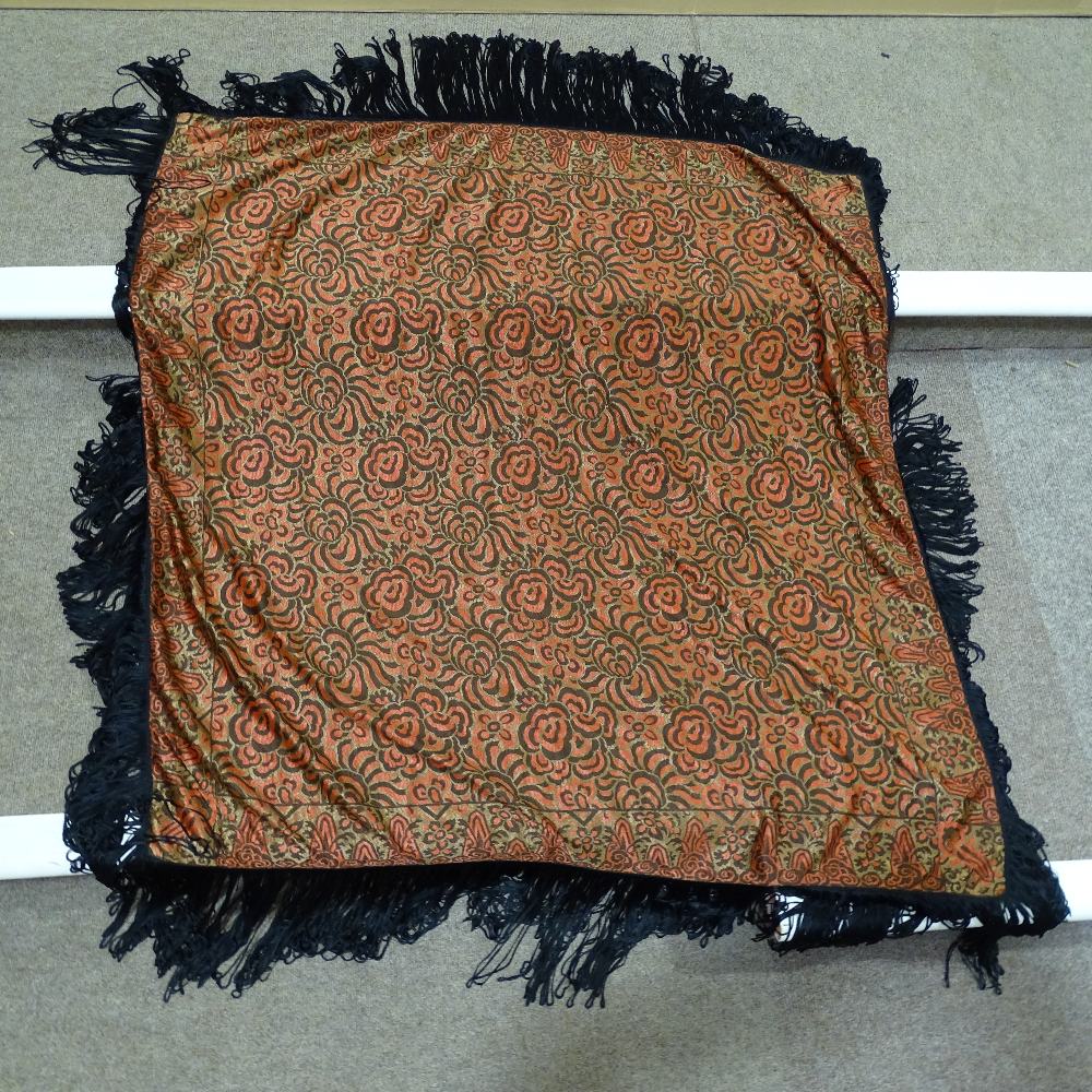 A Chinese hand embroidered red ground floral design silk scarf with black fringe, panel size 136cm x - Image 3 of 3