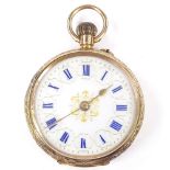 A Swiss 15ct gold open-face top-wind fob watch, white enamel dial with blue painted Roman numeral