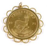 A 1975 gold Krugerrand, 9ct gold pendant mount, gross weight 38.5g