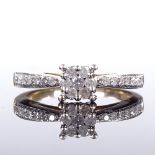 A 9ct gold diamond cluster dress ring, diamond set shoulders, setting height 6.1mm, size P, 3.6g