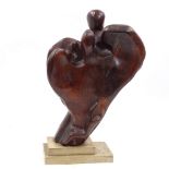 A 3-dimensional carved and stained wood abstract sculpture in the manner of Henry Moore, unsigned,