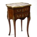 A French kingwood 2-drawer side table with shaped marble top and ormolu mouldings and mounts,