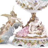 A French porcelain table centre basket supported by Classical figures, circa 1900, height 28cm,