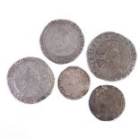 3 hammered silver shillings, Elizabeth I, James I, and Charles I, also an Elizabeth I threepence,
