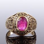 An American 10ct gold Mount St Joseph Academy ruby college graduation ring, dated 1972, setting