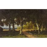 Late 19th/early 20th century oil on canvas, impressionist view through trees, unsigned, 13" x 20",