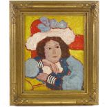 Oil on board, impressionist portrait of a woman, unsigned, 16" x 12.5", framed Very good condition