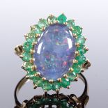 A 9ct gold black opal triplet and emerald cluster dress ring, setting height 19.8mm, size R, 3.8g