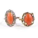 2 gold coral dress rings, 5.2g total (2) Coral and pearl ring size Q, pearls are quite chipped and