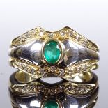 An 18ct white and yellow gold emerald and diamond dress ring, setting height 11.7mm, size P, 6.1g