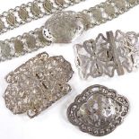 Various silver and unmarked white metal nurse's buckles, and an unmarked white metal marriage
