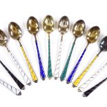 A set of 12 Egon Lauridsen Danish vermeil silver and harlequin enamel coffee spoons, striped