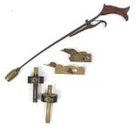 An unusual Victorian brass and iron tool with wooden handle, 2 Victorian bronze-mounted shoulder