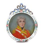A 19th century miniature watercolour portrait of a military gentleman, in enamel frame, height 9.5cm