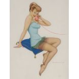 Archie Dickens, gouache/watercolour, girl on the telephone, signed, 10" x 7", framed Slight paper