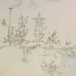 Rowland Emett, colour print, the evening shrimp train, signed in pencil, image 19" x 25", framed