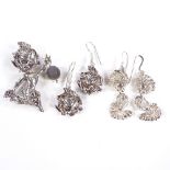 Various sterling silver Cyvra jewellery, comprising brooch and 2 pairs of earrings, brooch height