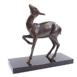 An Art Deco patinated bronze faun sculpture, unsigned on black marble plinth, length 28cm, height