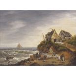 18th/19th century oil on wood panel, fisherfolk on the beach, unsigned, 13.5" x 17.5", framed Very