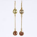 A pair of unmarked gold 2-colour zircon drop earrings, shepherd hook fittings, drop height excluding