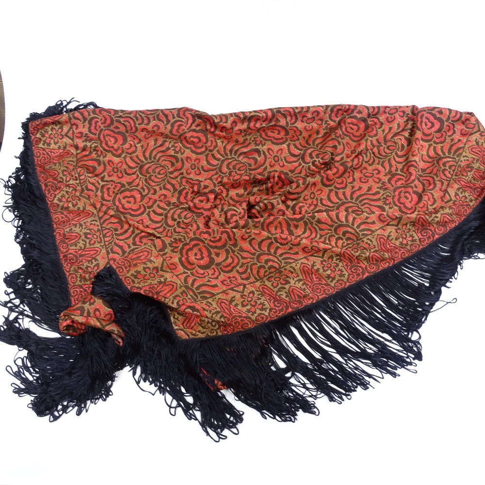 A Chinese hand embroidered red ground floral design silk scarf with black fringe, panel size 136cm x - Image 2 of 3