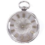 A 19th century silver-cased open-face key-wind pocket watch, by H Watts of Poole, silvered floral