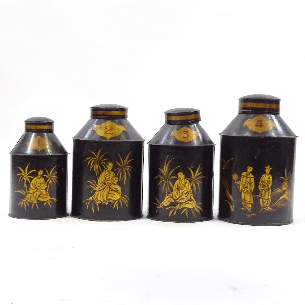 A set of 4 19th century graduated painted metal tea canisters, with painted gilded Oriental figures,