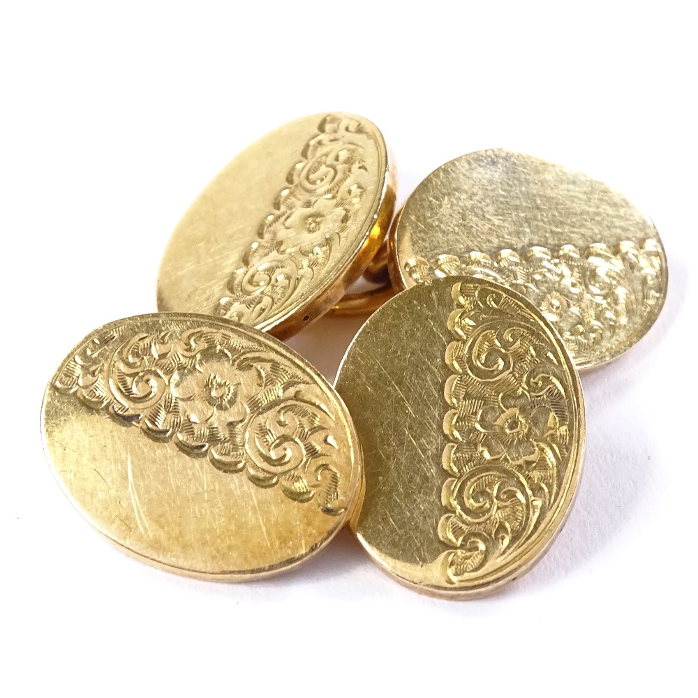 A pair of Victorian 18ct gold oval panel cufflinks, half-engraved floral decoration, indistinct - Image 4 of 4