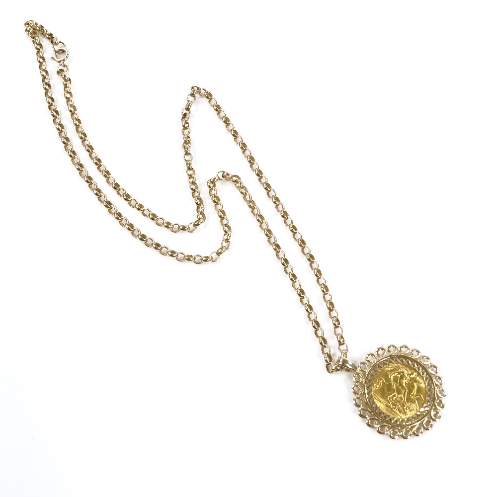A 1914 gold half sovereign, gold pendant mount on 9ct gold chain, gross weight 17.1g - Image 2 of 3
