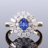 An Iliana 18ct gold Ceylon blue sapphire and diamond cluster ballerina cocktail ring, set with round