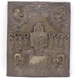 A Russian silver-fronted icon, 18th or 19th century, relief moulded figures of the saints with