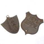 2 19th century cast-iron shield-shaped plaques, dated 1871, height 42cm, and 1825, height 32cm (2)