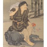 2 Japanese woodblock prints, Mitsuoki Tosa "a bow maker", and Ganki "hermit and bullfrog",