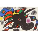 Joan Miro, colour lithograph, abstract, signed in pencil, sheet size 12" x 18", unframed Foxing
