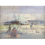 Fred Cuming, oil on board, beach scene, signed with Exhibition information verso, 1983, 4" x 5.5",